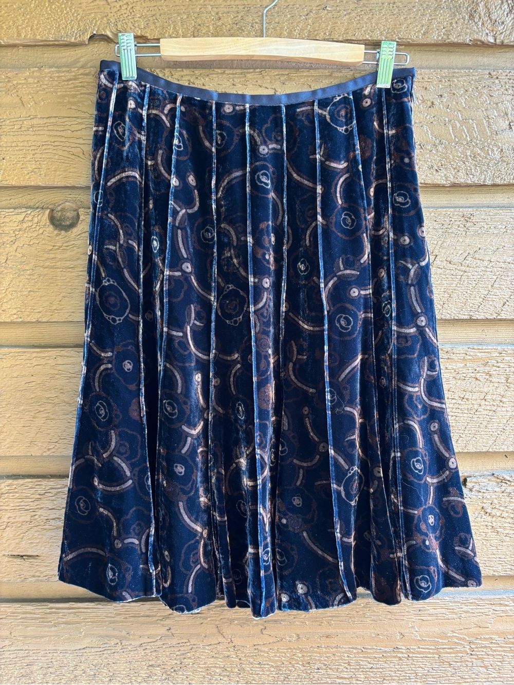 Women's Navy Blue Velvet Midi Skirt with Abstract Design